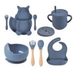 Ensemble repas complet pour bébé silicone 8 pces - Gris Bleu