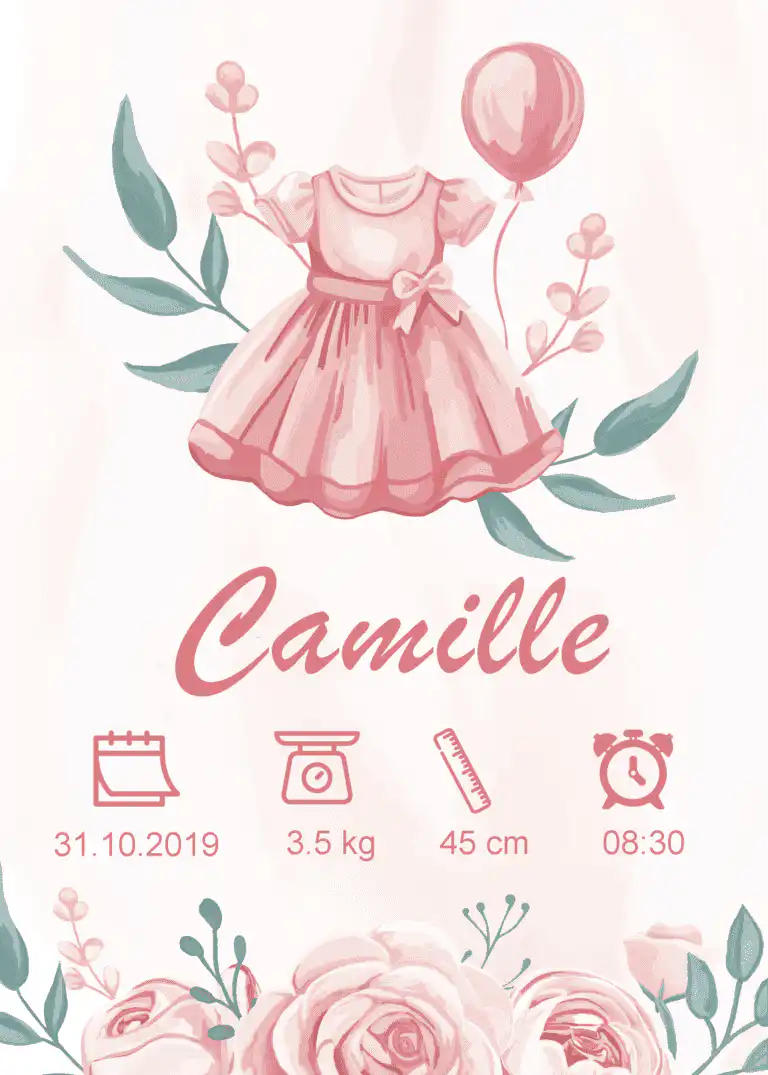 Affiche de naissance Robe rose