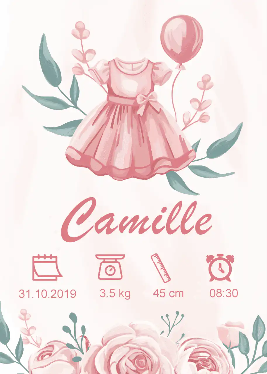 Affiche de naissance Robe rose
