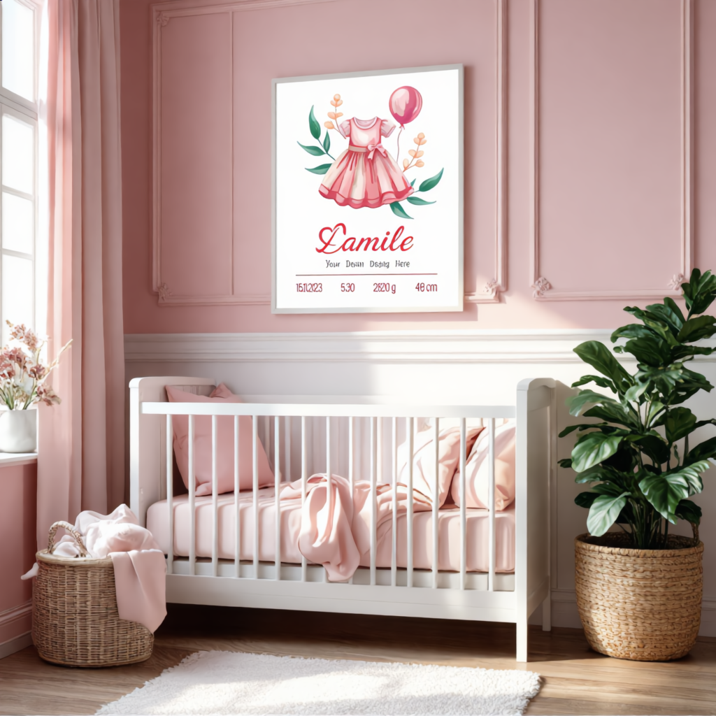 Affiche de naissance bebe Robe rose