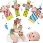 Lot 4 hochets bracelet et chaussettes — Jouet d’éveil bébé coloré et ajustable - Singe