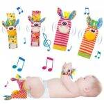 Lot 4 hochets bracelet et chaussettes — Jouet d’éveil bébé coloré et ajustable - Girafe