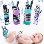 Lot 4 hochets bracelet et chaussettes — Jouet d’éveil bébé coloré et ajustable - Girafe Violet