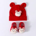 Ensemble Bonnet lapin et chaussettes bébé assorties - Rouge