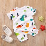 Barboteuse dinosaure bébé – Romper coton léger à manches courtes - Blanc