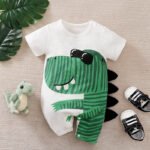 Barboteuse dinosaure bébé – Romper coton léger à manches courtes - Rayé