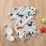 Barboteuse dinosaure bébé – Romper coton léger à manches courtes - Gris