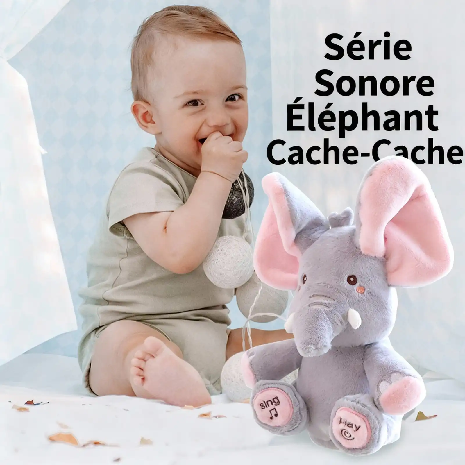 elephant soft toy and baby hide and seek