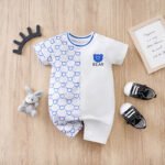 Barboteuse oursons bébé – Romper coton léger à manches courtes - Bleu clair