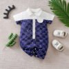 Barboteuse oursons bébé – Romper coton léger à manches courtes - Bleu et poche