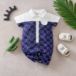 Barboteuse oursons bébé – Romper coton léger à manches courtes - Bleu et poche