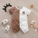 Barboteuse oursons bébé – Romper coton léger à manches courtes - Khaki