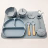 Set repas bébé en silicone – Vaisselle complète antidérapante - Gris bleu