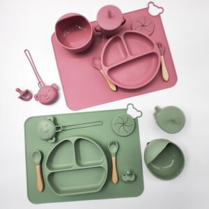 set repas bébé silicone rose complet antidérapant
