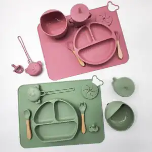 set repas bébé silicone rose complet antidérapant