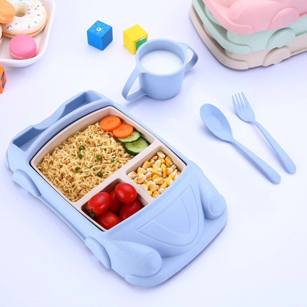 set repas bebe en silicone assiette voiture compartimentee
