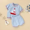 Ensemble Tricot Bébé "Petit Marin" - T-shirt & Short 100% Coton - Bleu clair