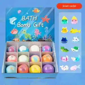 Coffret 12 Bombes de Bain Enfant avec Jouet Caché — Sel de Mer, Thème Océan