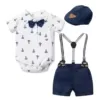 Barboteuse Bébé Garçon Gentleman — Coton, Ensemble 4 Pièces - Marine Bleu