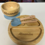 Set de Comida para Bebé de Bambú Personalizado con Nombre – Plato, Bol y Cubiertos Grabados
