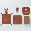 Personalisierte Geschenkbox zur Geburt, 4-teilig — Schmusetuch, Mulltuch, Beißring und Lätzchen - Terrakotta