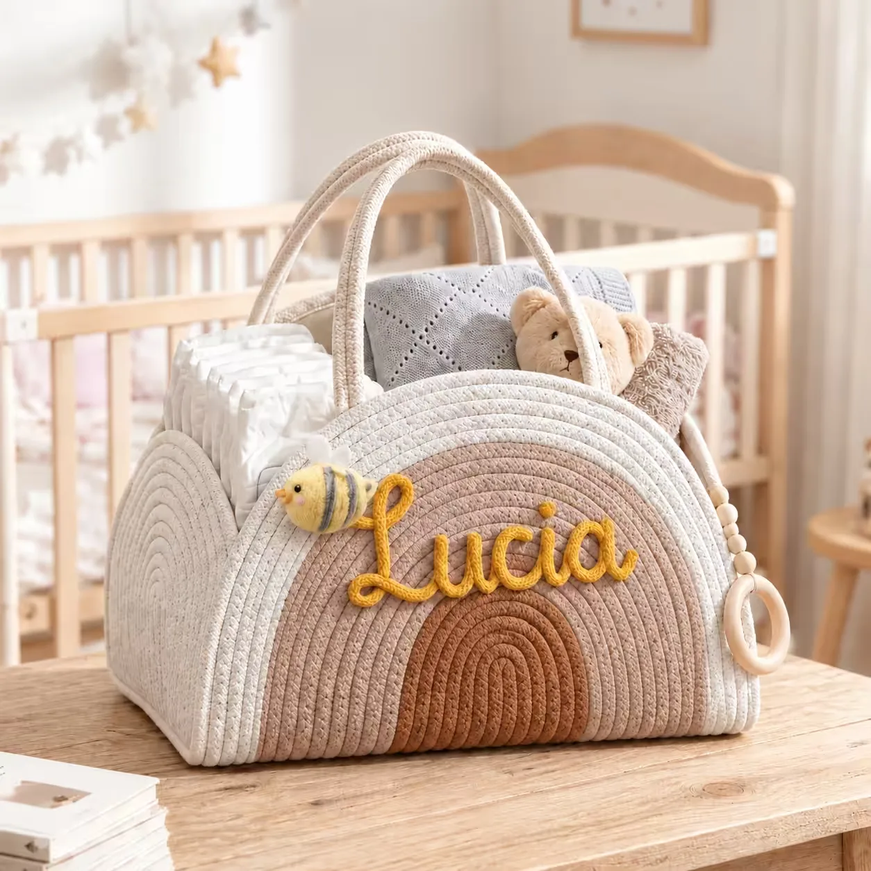 Personalisierter Baby-Organizer-Korb mit Namen - Beige