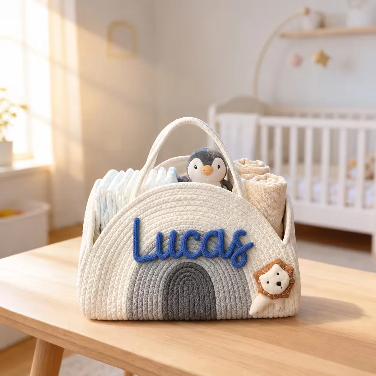 Personalisierter Baby-Organizer-Korb mit Namen - Grau