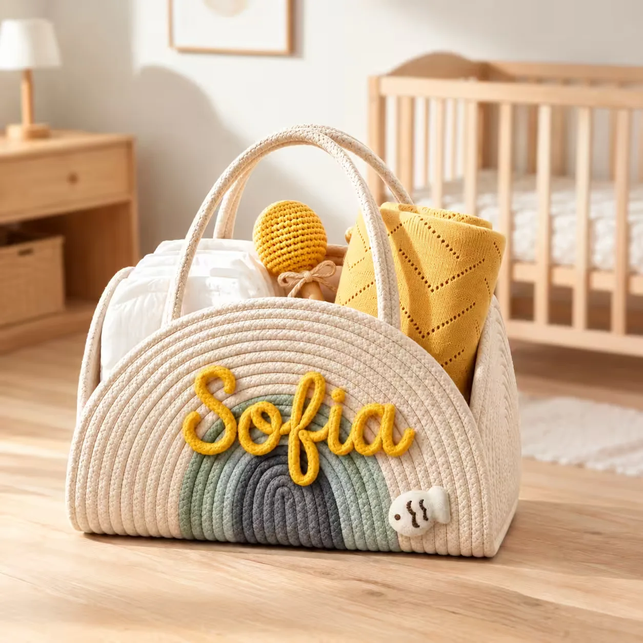 Personalisierter Baby-Organizer-Korb mit Namen - Salbei