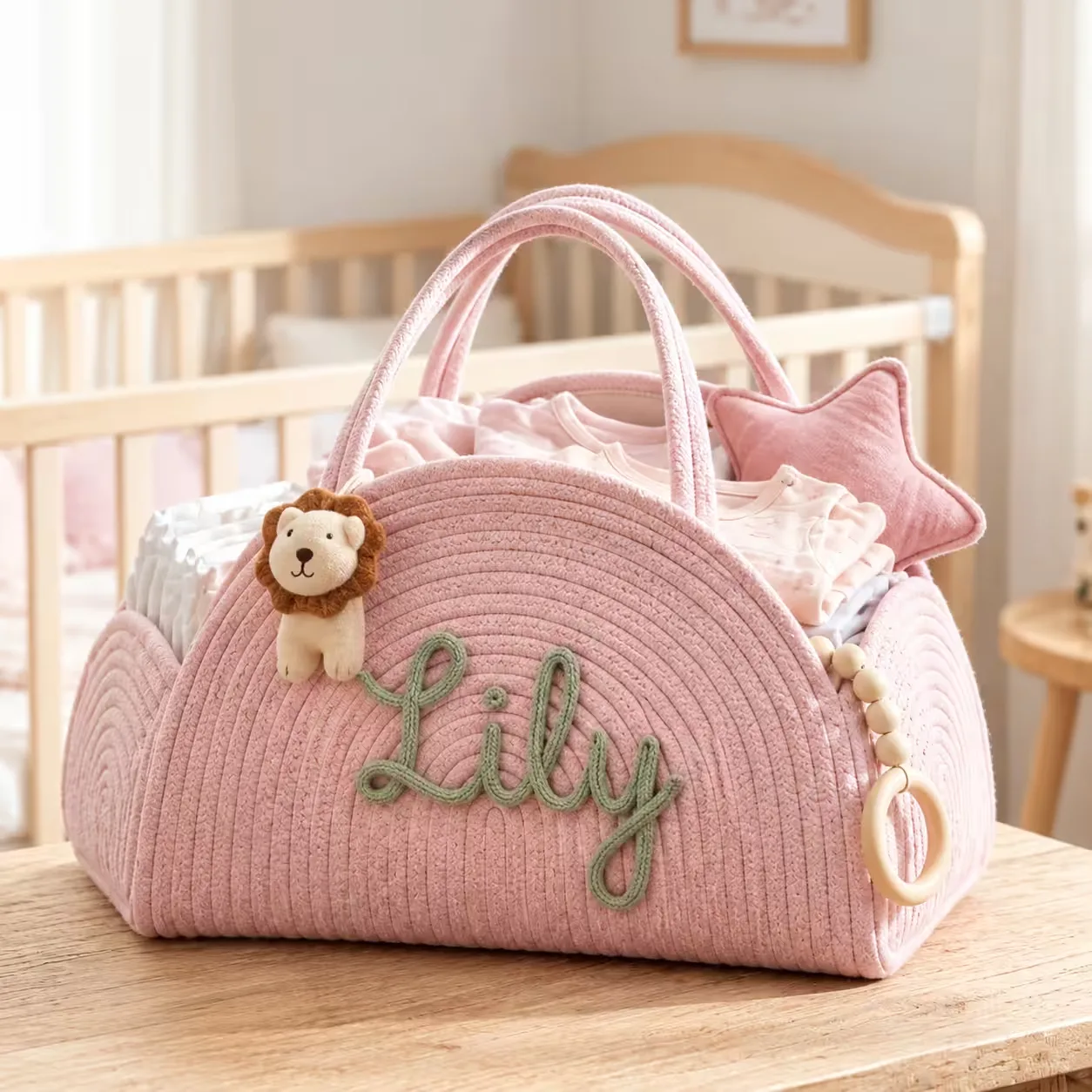 Personalisierter Baby-Organizer-Korb mit Namen - Rosa