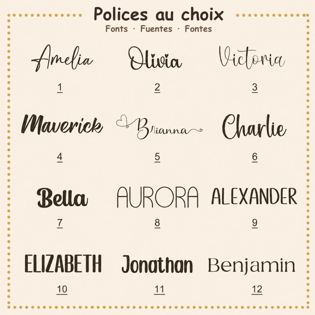 Tabla de los 12 tipos de letra disponibles para grabar el nombre en el set de comida para bebé