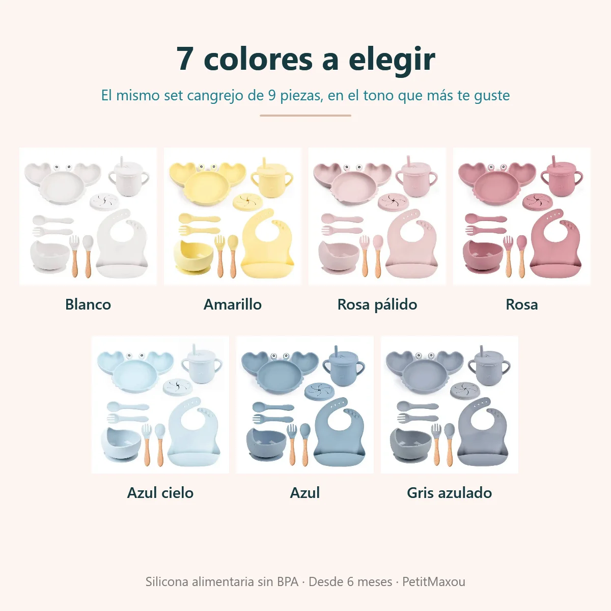 Set de comida para bebé cangrejo de 9 piezas disponible en 7 colores