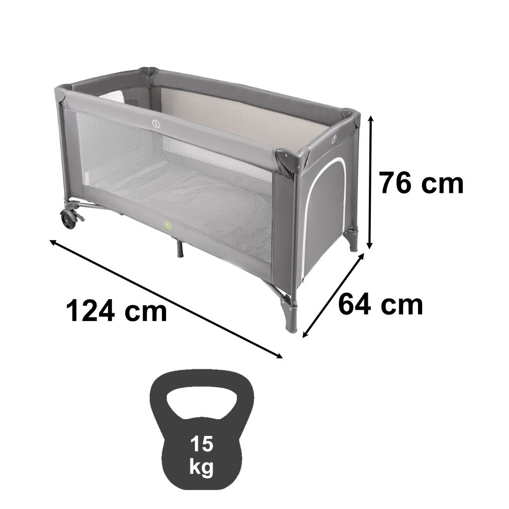 Medidas de la cuna de viaje para bebé con colchón: 124 x 64 x 76 cm, hasta 15 kg