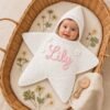 Personalised Crochet Star Baby Nest with Name – Hooded Handmade Baby Sleeping Bag - White / Pink