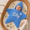 Personalised Crochet Star Baby Nest with Name – Hooded Handmade Baby Sleeping Bag - Blue / White
