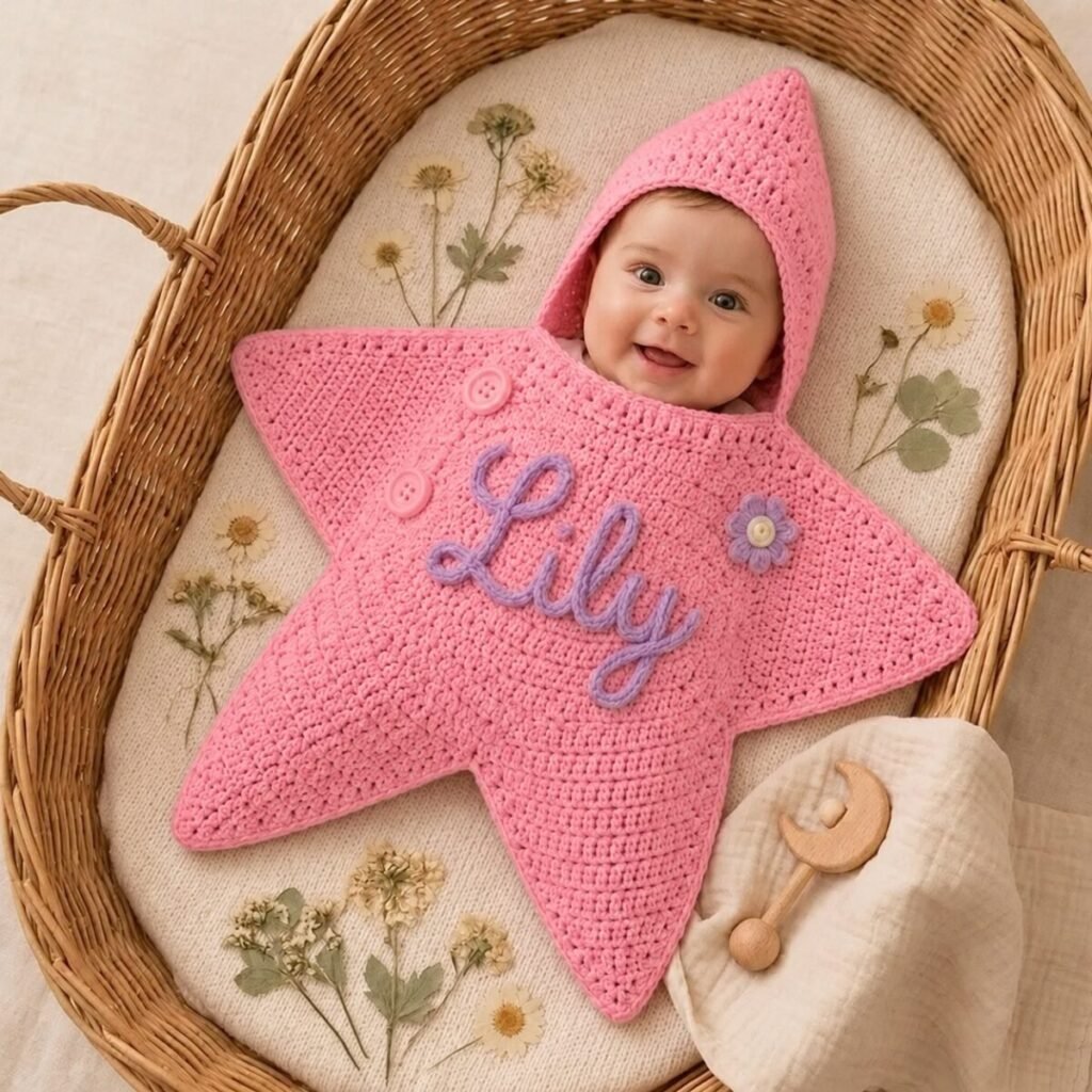 Nid d'ange étoile crochet personnalisé au prénom de bébé