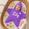 Personalised Crochet Star Baby Nest with Name – Hooded Handmade Baby Sleeping Bag - Purple / White