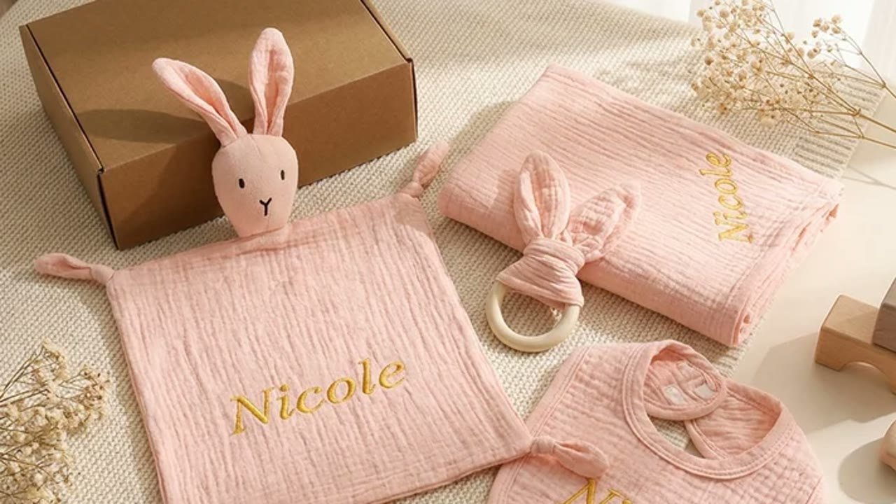 Coffret cadeau naissance personnalisé rose : doudou lapin, lange, anneau de dentition et bavoir brodés d'un prénom