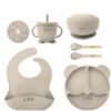 Set Repas Bébé Silicone Personnalisé Prénom – Bavoir, Assiette Ourson, Bol, Tasse et Couverts - Beige