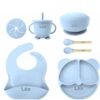 Set Repas Bébé Silicone Personnalisé Prénom – Bavoir, Assiette Ourson, Bol, Tasse et Couverts - Bleu ciel
