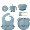 Set Repas Bébé Silicone Personnalisé Prénom – Bavoir, Assiette Ourson, Bol, Tasse et Couverts - Bleu gris