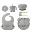 Set Repas Bébé Silicone Personnalisé Prénom – Bavoir, Assiette Ourson, Bol, Tasse et Couverts - Gris