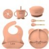 Set Repas Bébé Silicone Personnalisé Prénom – Bavoir, Assiette Ourson, Bol, Tasse et Couverts - Orange