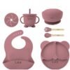 Set Repas Bébé Silicone Personnalisé Prénom – Bavoir, Assiette Ourson, Bol, Tasse et Couverts - Vieux rose
