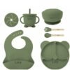Set Repas Bébé Silicone Personnalisé Prénom – Bavoir, Assiette Ourson, Bol, Tasse et Couverts - Vert sauge