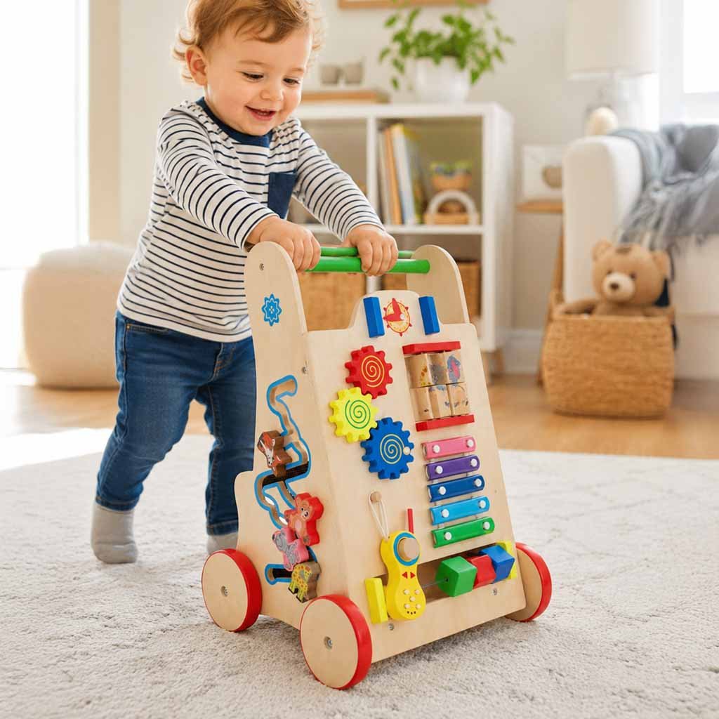 Niño de 1 año caminando con el andador de madera con cubo de actividades